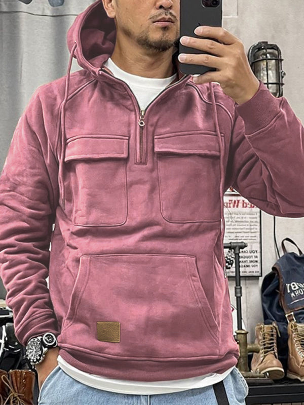 Einfarbige Herren-Sweatshirtjacke mit Kapuze und Taschen