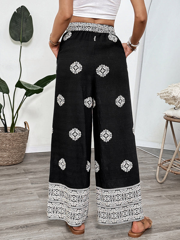 Lässige, bequeme Hose mit geradem Bein und elastischem Bund im Ethno-Stil mit Kordelzug