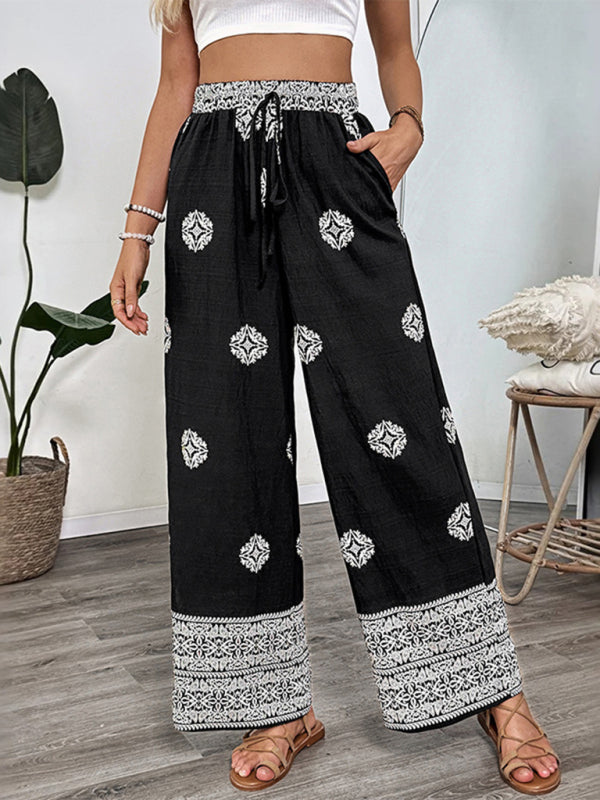 Lässige, bequeme Hose mit geradem Bein und elastischem Bund im Ethno-Stil mit Kordelzug