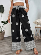 Lässige, bequeme Hose mit geradem Bein und elastischem Bund im Ethno-Stil mit Kordelzug