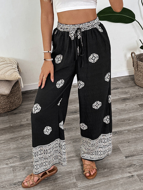 Lässige, bequeme Hose mit geradem Bein und elastischem Bund im Ethno-Stil mit Kordelzug