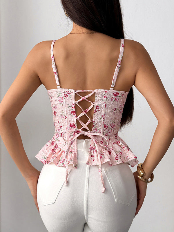 Pinkes rückenfreies Schnürtop - mit sexy Rüschen
