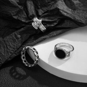 Trendiges und vielseitiges Ring-Set mit geflügeltem Adler, eingelegtem schwarzem Edelstein und schlichtem Kettendesign